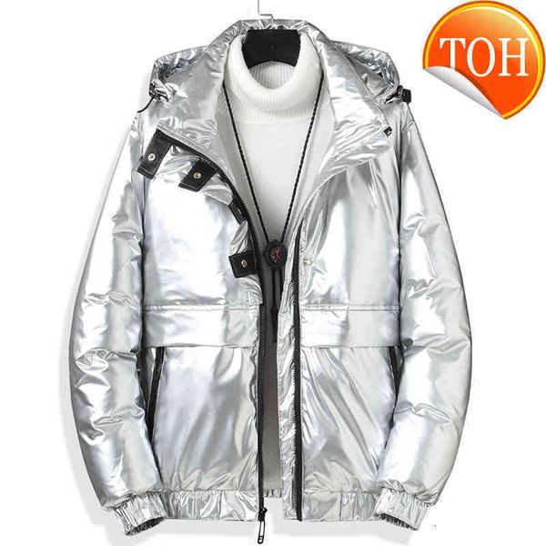 

men clothing parka hooded brand casual jacket shiny trendy simple comfortable male loose coat streetwear, Black