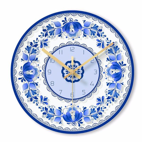 

blue and white home decorative wall clocks quartz round glass watch living room decoration
