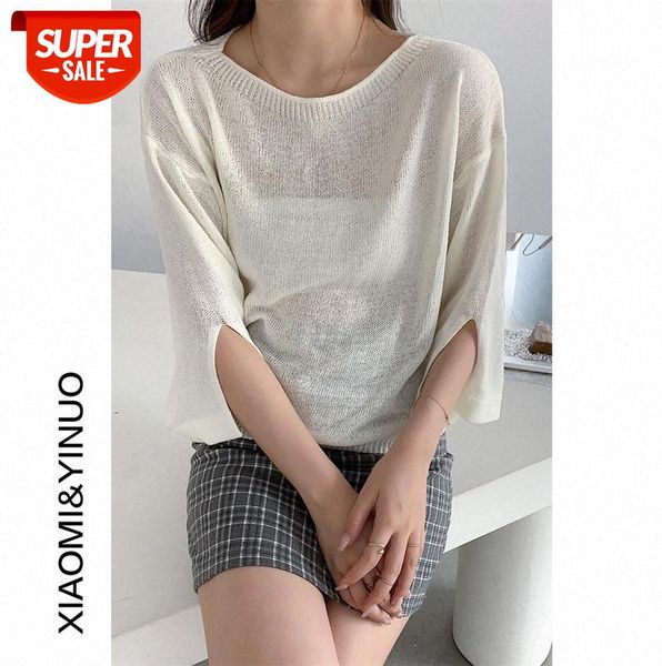 

[ou fan] 7595 trumpet sleeve split knit sweater korean style wide round neck micro-through women #614x, Black;gray