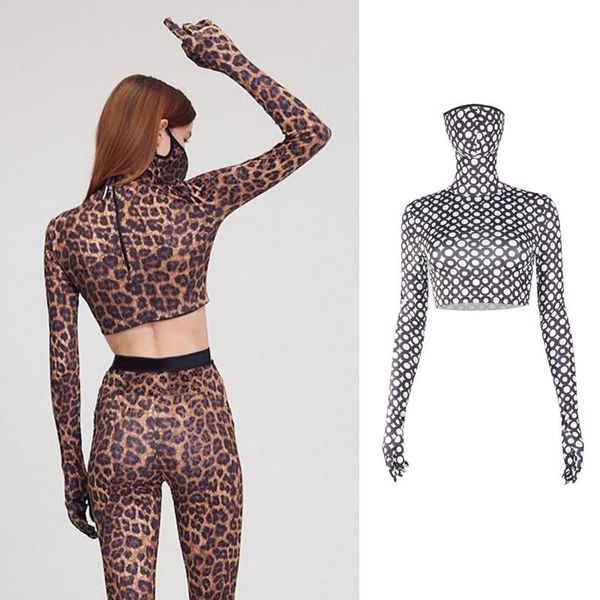 

women long sleeve gloves skinny t shirt turtleneck face mask leopard circle printed crop casual bodycon slim fit m7dd women's t-shi, White