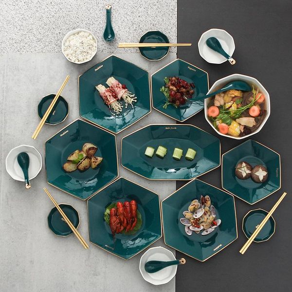 

nordic malachite green tableware dishes bowl plate cutlery set household personality creative ceramic rice chopsticks bowls
