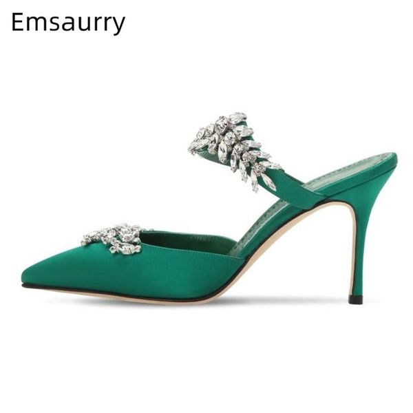

slippers luxury rhinestone high heel shoes woman pointed toe satin jewelled crystal slingback slip on mules fashion women, Black