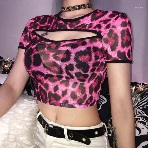 

women's t-shirt lucyever fashion o neck leopard print crop women summer hollow out short sleeve t shirts female high street chiffon te, White