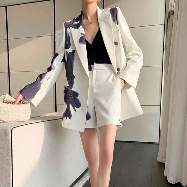 

women's two piece pants twotwinstyle vintage hit color set for women notched long sleeve blazer high waist wide leg female sets msu2, White