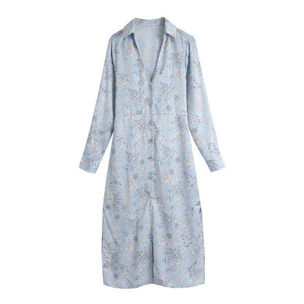 

casual dresses in vintage printed floral women's shirts with elegant long sleeve belt dressed split turn down collar midi office dress, Black;gray