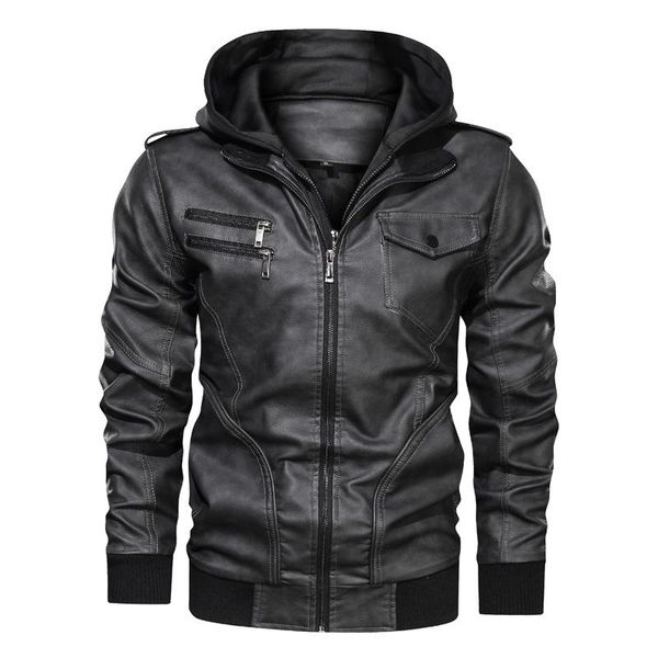 

men's fur & faux winter hooded motorcycle leather jacket men fashion hoodies zipper design pu jackets coat man casual autumn warm outwe, Black