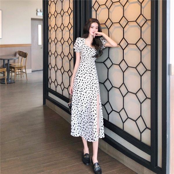 

women summer 2021 short sleeve polka dot dress female a-line long party dresses, Black;gray