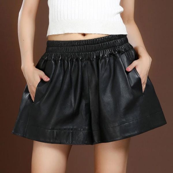

leather shorts women sheepskin elastic high waist large size wide loose leg thin boots a word soft women's, White;black