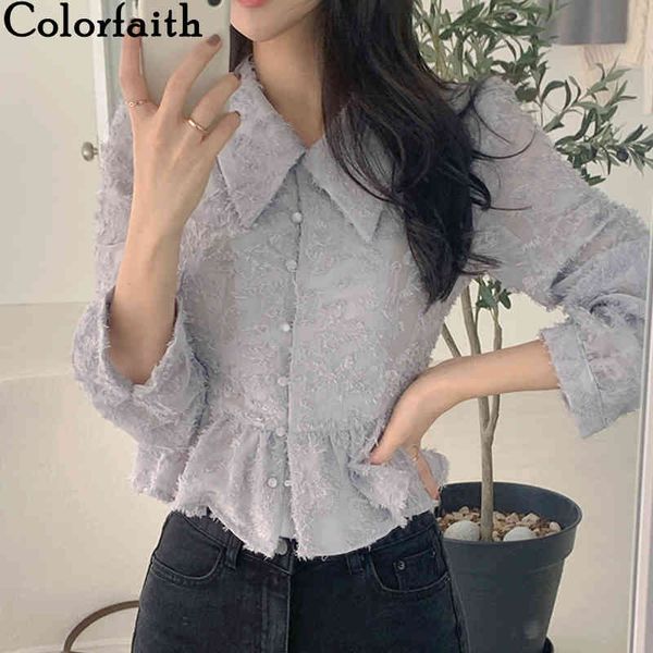 

colorfaith new spring summer blouses shirts vintage oversize korean style lady elegant chiffon lace wild short bl3296 210413, White