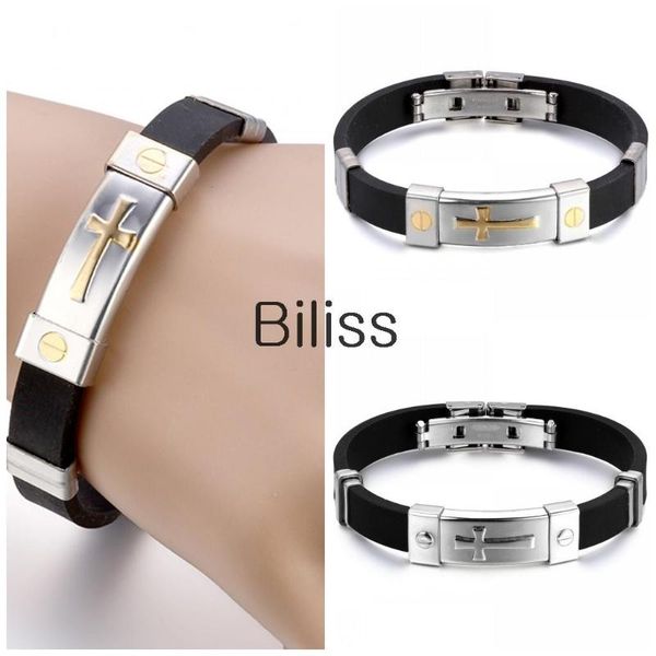 

charm bracelets & bangles stainless steel black rubber bracelet with gold/silver color cross for men pulseira homens, Golden;silver