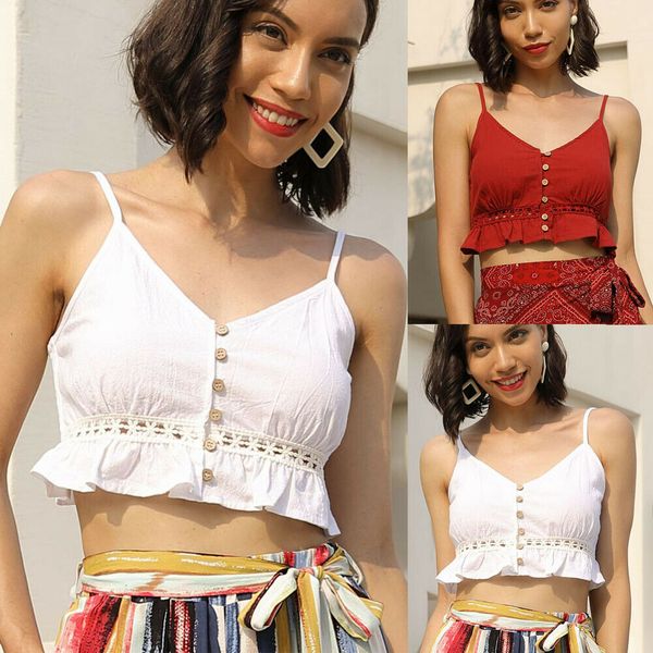 

casual sleeveless v-neck tshirt t-shirt buttons camisole tank vest solid lace camis women ladies summer crop, White