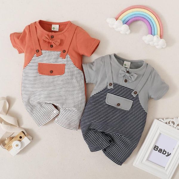 

one piece baby boys striped romper+bow tie short sleeve patchwork jumpsuit with buttons 0-24m 2 colors jumpsuits, Blue