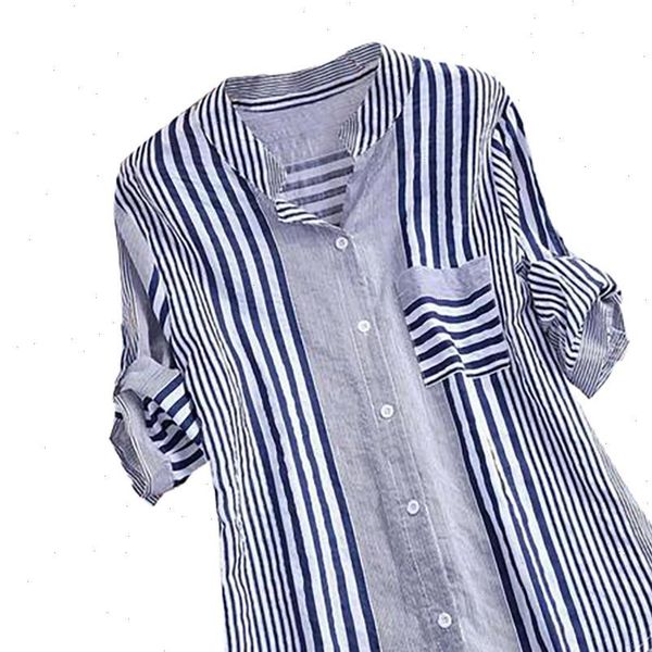 

womens blouses and plus size three quarter striped blouse print v neck loose fit ropa mujer moda, White