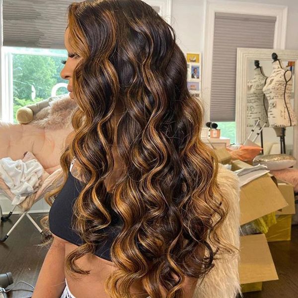 

lace wigs quinlux wig highlight 1b427 ombre color body wave 13x6 hd transparent front human hair 180 density brazilian remy, Black;brown