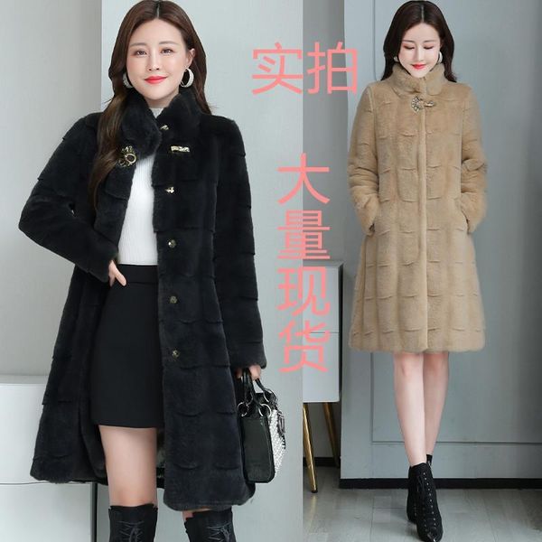 

women's fur & faux 2021 winter mink imitation collar matching coat medium and long slim, Black