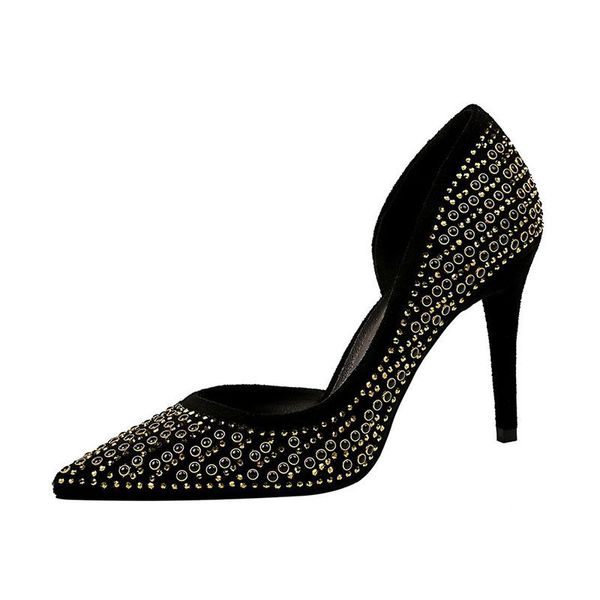 

dress shoes retro green suede sequin high heels fashion rivet diamond pointed toe vintage party stiletto ladies elegant, Black