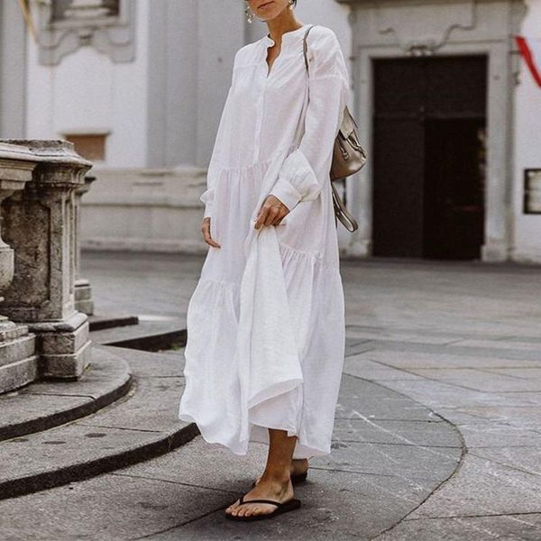 

white maxi long dress bohemian sundress women sleeve casual robe 2021 vonda holiday beach plus size vestidos dresses, Black;gray