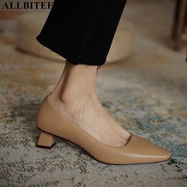 

allbitefo fashion retro genuine leather high heels office ladies shoes women shoes thick heels women shoes 210611, Black