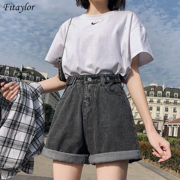 

women's shorts ftlzz summer women high waist button wigh leg jeans casual female loose fit blue denim, White;black