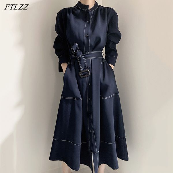 

spring elegant women single breasted long sleeve dress office ladies stand collar solid with belt 210423, Black;gray