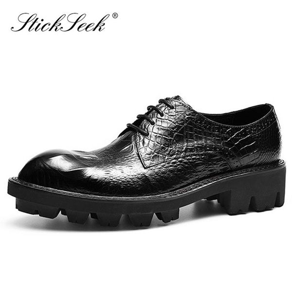 

dress shoes genuine leather man formal platform pointed toe laces handmade flats derby alligator pattern men's oxfords hs285, Black