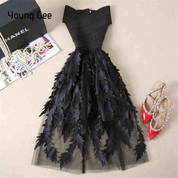 

young gee women lace bandage patchwork stretch elegant dress vintage floral fit&flare dresses gown formal party dresses vestido 210401, Black;gray