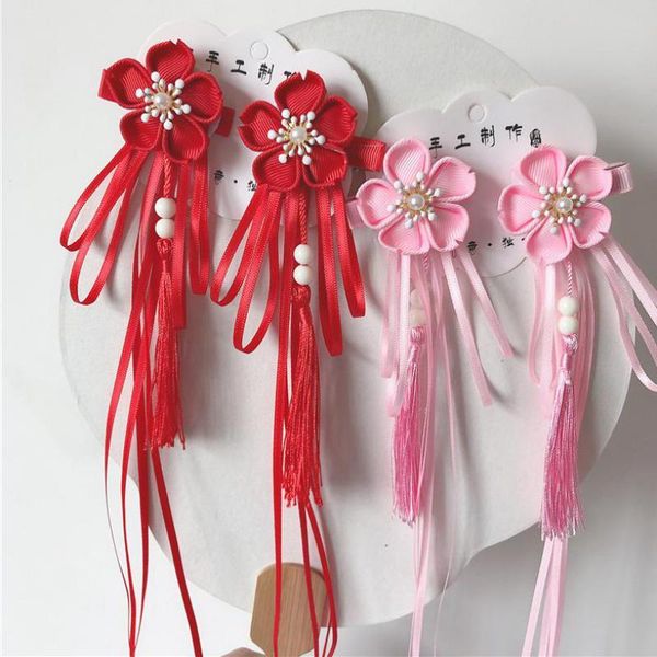 

pair of retro style hanfu flower fringed ribbon hair accessories and kimono children's stage head hairpin, Slivery;white