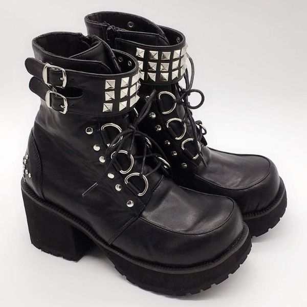 

boots vintage rivet skull gothic ankle block heel thick platform punk rock lolita cosplay lace-up, Black