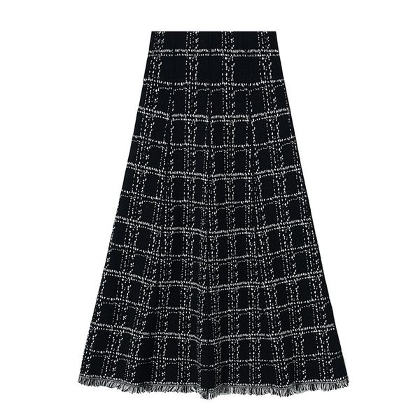 

women knitted skirts black white plaid a-line tessel midi mid-calf autumn winter spring chic elegant elastic s0248 210514
