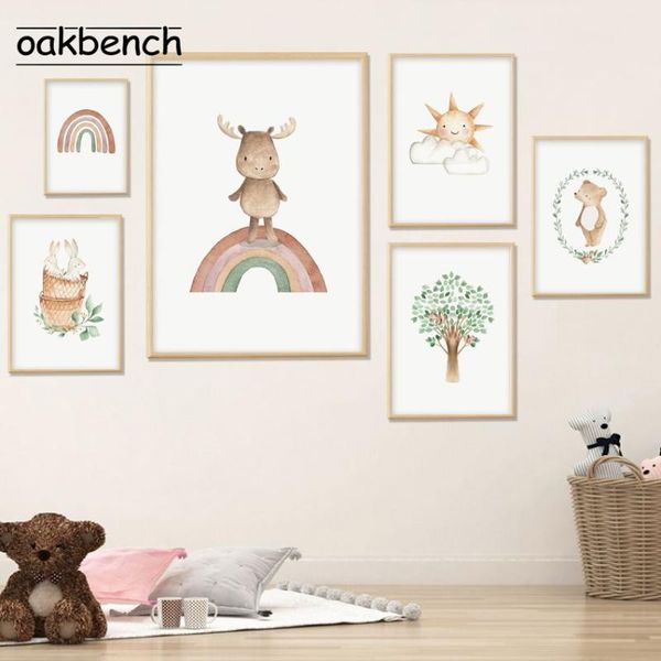

paintings cartoon rainbow wall art canvas painting deer posters bear squirrel prints nordic pictures kids nusery room decor