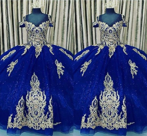 

2021 gold floral appliques quinceanera dresses sweet 16 girls cold shoulder lace-up sparkly tulle ball gown pageant party evening gowns, Blue;red