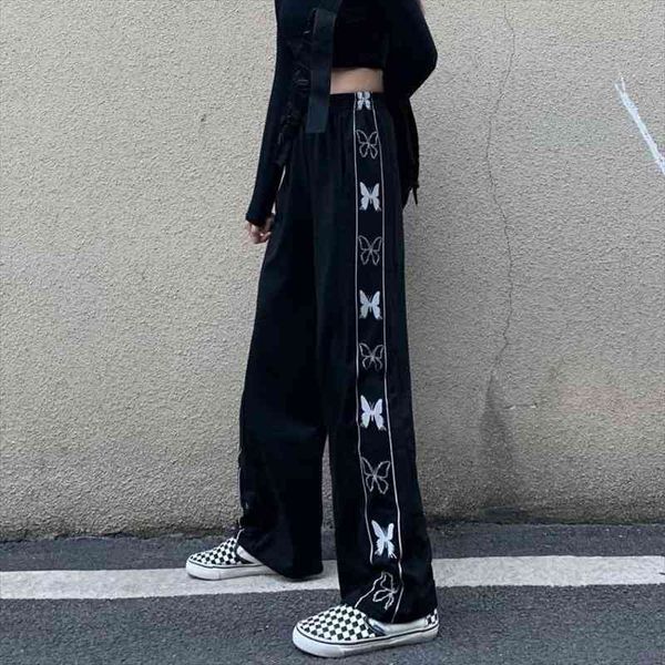 

butterfly print harajuku street womens capris style loose elastic waist trousers for female korean sports, Black;white