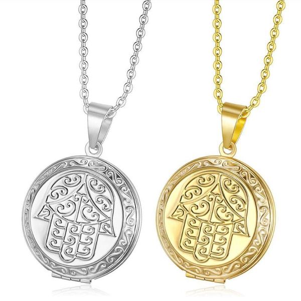 

pendant necklaces hamsa hand of fatima locket pendants for women men gold color can open po frame necklace jewelry gift, Silver