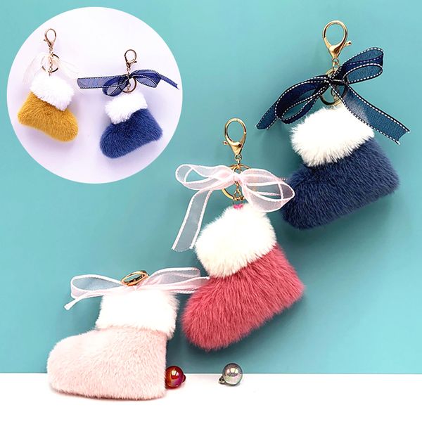 

christmas boots keychains cute fluffy bow bag purse car key chains rings charm bags keyring holder pendant gift accessories, Slivery;golden