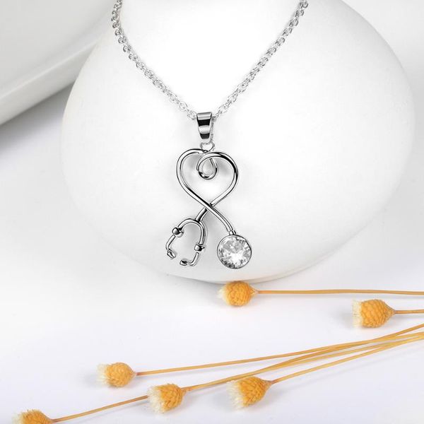 

pendant necklaces zhouyang women's neck chain love stethoscope necklace white gold color zircon crystal kpop jewerly kbn041, Silver