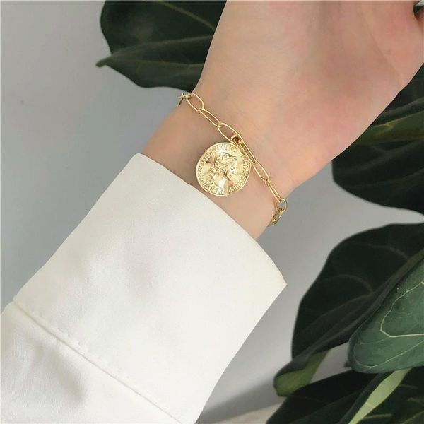 

link, chain carved coin head bracelet punk metal bracelets bangle retro avatar round charm women jewelry gifts, Black