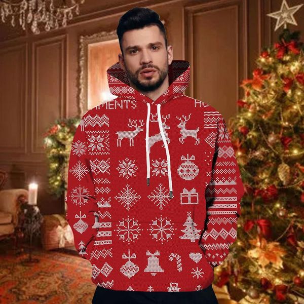 

men's hoodies & sweatshirts pocket printed long sleeve fashion tether hooded christmas pullover top, Black