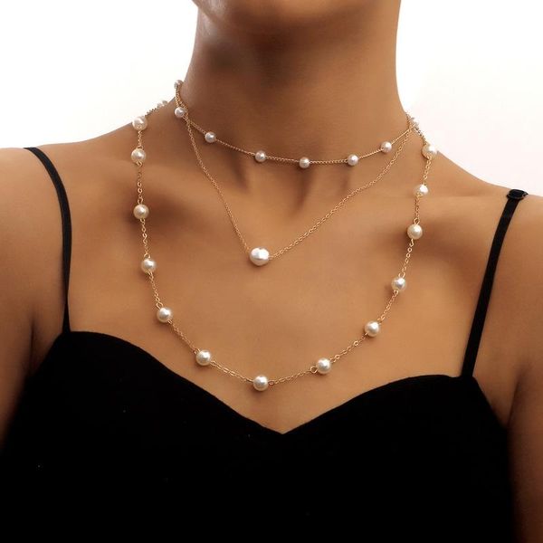 

pendant necklaces vintage boho multilayer pearl choker round chain necklace for women girl gold color collar wedding fashion jewelry gift, Silver