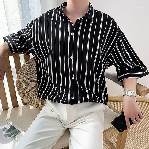 

men's casual shirts summer men japan harajuku loose short sleeve square collar striped shirt korean male1, White;black