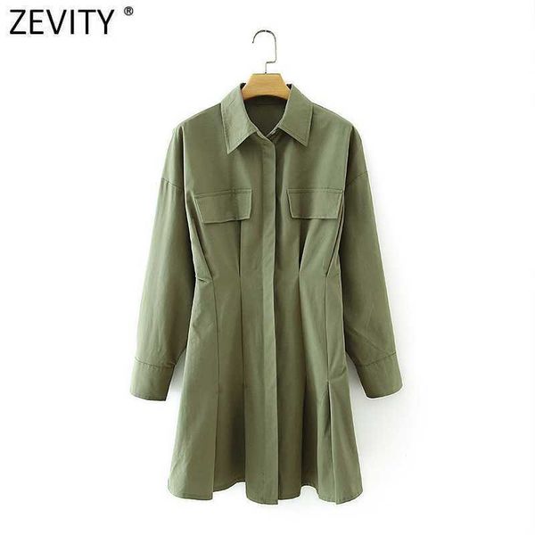 

zevity women double pockets patch press pleat shirtdress female long sleeve casual slim business a line vestidos ds4651 210603, Black;gray