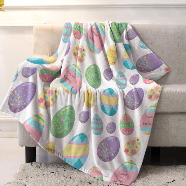 

super soft cozy flannel fleece blanket happy easter lightweight comfy throw for bed/couch/sofa/camping- colorful eggs 59 blankets