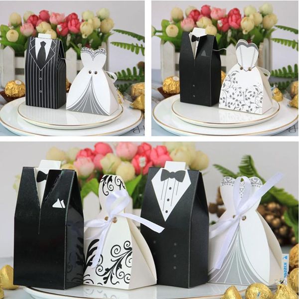 

gift wrap 100pcs packaging boxes wedding favor candy dragee box bride groom dress with ribbon boite dragees de mariage chocolate deco