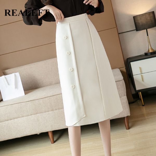

vintage women's midi skirt autumn fashion solid color high waist button decoration ol style ladies skirts female 210428, Black
