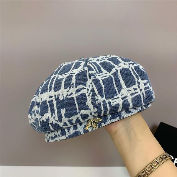 

berets 202108-jx autumn geometric pattern denim fabric bee fashion street lady beret hat men women leisure painter, Blue;gray