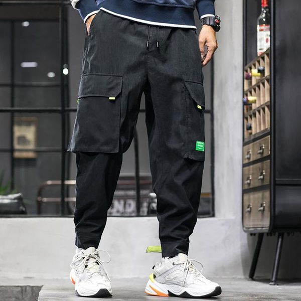

men's pants men cargo solid casual drawstring trousers pantalon homme pockets mid waist work outdoor pencil spodnie dresowe, Black