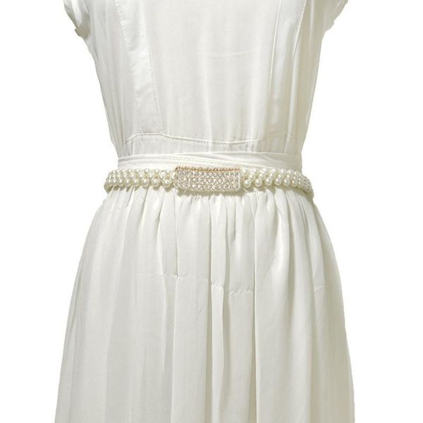 

belts elegant women pearl waist belt elastic buckle chain female girls dress crystal strap, Black;brown