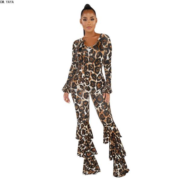 

women's jumpsuits & rompers cm.yaya 2021 autumn o neck leopard long sleeve women ruffles outfits casual fashion skinny clubwear cmals14, Black;white