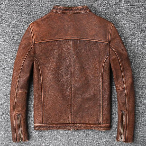 

cow men's vintage leather jacket stand collar wash do old coat men brown color simple style biker for male & faux, Black
