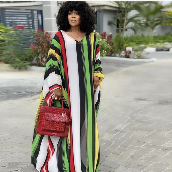 

ethnic clothing african dresses for women chiffon plus size striped summer dress maxi long casual loose gown africa, Red