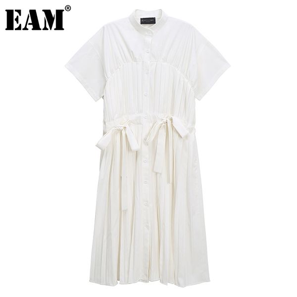 

[eam] women white big size bow pleated shirt dress lapel short sleeve loose fit fashion spring summer 1dd7523 210512, Black;gray